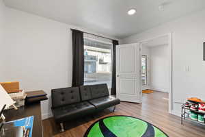 Living room featuring light hardwood / wood-style floors and a wealth of natural light