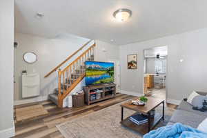 Living room with ceiling fan and wood-type flooring