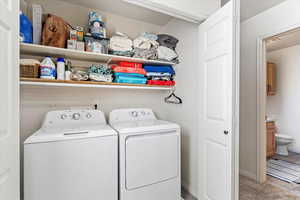 Laundry room featuring carpet and washing machine and clothes dryer