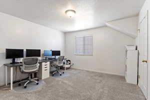 Office with carpet, lofted ceiling, and a textured ceiling