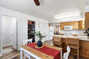 Dining space with ceiling fan and hardwood / wood-style floors