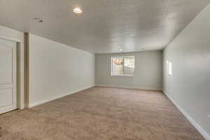 Spare room with light carpet and a textured ceiling