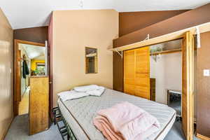 Bedroom with a closet, lofted ceiling, and light colored carpet