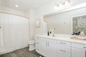 Bathroom with toilet, vanity, and wood-type flooring