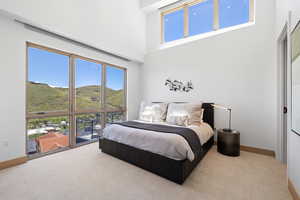 Carpeted bedroom with a mountain view and a high ceiling