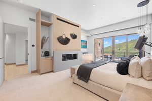 Carpeted bedroom with a mountain view