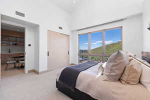 Carpeted bedroom with high vaulted ceiling, sink, and a closet