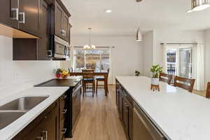 Kitchen with stainless steel appliances, hanging light fixtures, a chandelier, light wood-type flooring, and dark brown cabinets