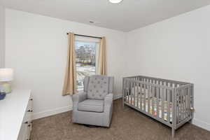 Carpeted bedroom with a crib