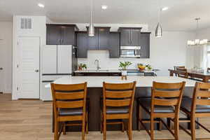 Kitchen featuring a breakfast bar area, a chandelier, sink, and stainless steel appliances