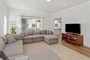 Living room featuring light wood-type flooring and a healthy amount of sunlight