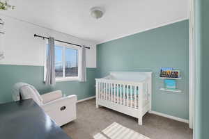 Bedroom featuring a nursery area, crown molding, and carpet flooring