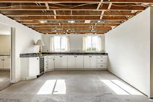 Kitchen with white cabinetry and wine cooler