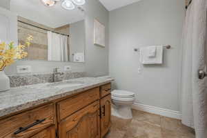 Bathroom with toilet, vanity, and a shower with curtain