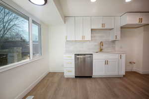 Kitchen with stainless steel dishwasher, decorative backsplash, and white cabinetry