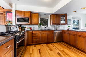 Kitchen with sink, decorative backsplash, light hardwood / wood-style flooring, and appliances with stainless steel finishes