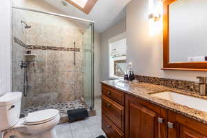 Bathroom featuring tile patterned flooring, vaulted ceiling, toilet, vanity, and an enclosed shower