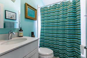 Bathroom with a shower with shower curtain, vanity, and toilet