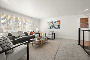 Carpeted living room with crown molding