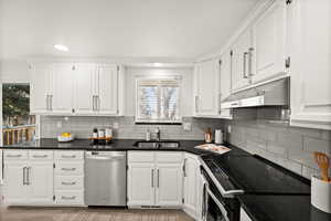 Kitchen featuring white cabinets, decorative backsplash, sink, and stainless steel appliances