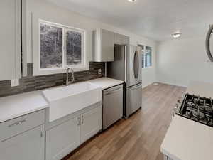 Kitchen with appliances with stainless steel finishes, tasteful backsplash, sink, gray cabinets, and light wood-type flooring