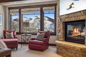 Living area featuring a fireplace, a mountain view, and carpet floors