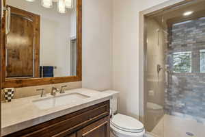 Bathroom with toilet, vanity, and an enclosed shower