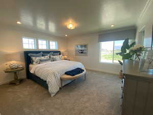 Carpeted bedroom featuring a textured ceiling and crown molding