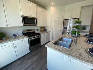 Kitchen with backsplash, sink, dark wood-type flooring, appliances with stainless steel finishes, and white cabinets