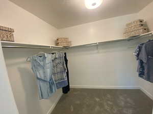 Spacious closet featuring lofted ceiling and dark colored carpet