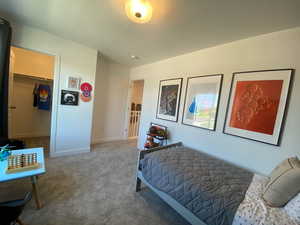 Bedroom with a spacious closet, a closet, and carpet flooring