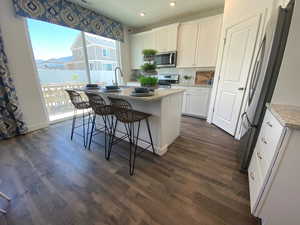 Kitchen with appliances with stainless steel finishes, white cabinetry, dark hardwood / wood-style floors, a kitchen island with sink, and a water view