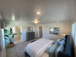 Carpeted bedroom featuring ensuite bathroom and crown molding