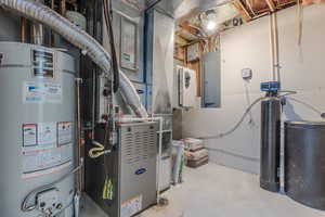 Utility room featuring water heater and electric panel