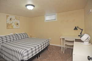 Carpeted bedroom featuring a textured ceiling