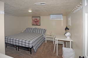 Carpeted bedroom featuring a textured ceiling