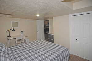 Carpeted bedroom featuring a closet and a textured ceiling