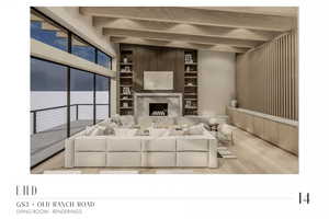 Unfurnished living room with beam ceiling, a premium fireplace, and light hardwood / wood-style floors