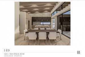 Dining room with light wood-type flooring, a towering ceiling, and beamed ceiling