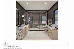 Bathroom featuring vanity, tile patterned floors, and tiled tub