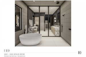 Bathroom with tile walls, tile patterned floors, and a bathing tub