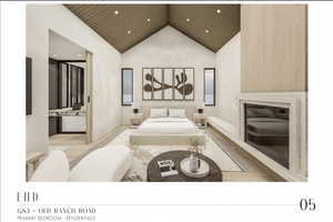 Bedroom with ensuite bathroom, high vaulted ceiling, light hardwood / wood-style floors, and wooden ceiling