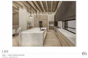 Kitchen featuring pendant lighting, beamed ceiling, sink, range with two ovens, and wooden ceiling