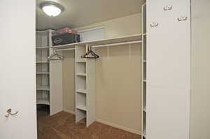 Walk in closet with dark carpet