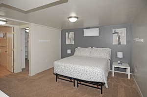 Bedroom featuring carpet floors and ensuite bath