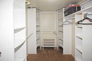 Walk in closet featuring dark colored carpet