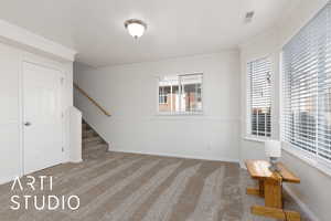 Unfurnished room featuring ornamental molding and carpet flooring