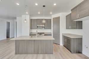 Kitchen with light hardwood / wood-style floors, sink, stainless steel appliances, and pendant lighting