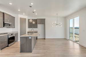 Kitchen with an inviting chandelier, an island with sink, stainless steel appliances, hanging light fixtures, and sink