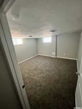 Basement with carpet floors and a textured ceiling